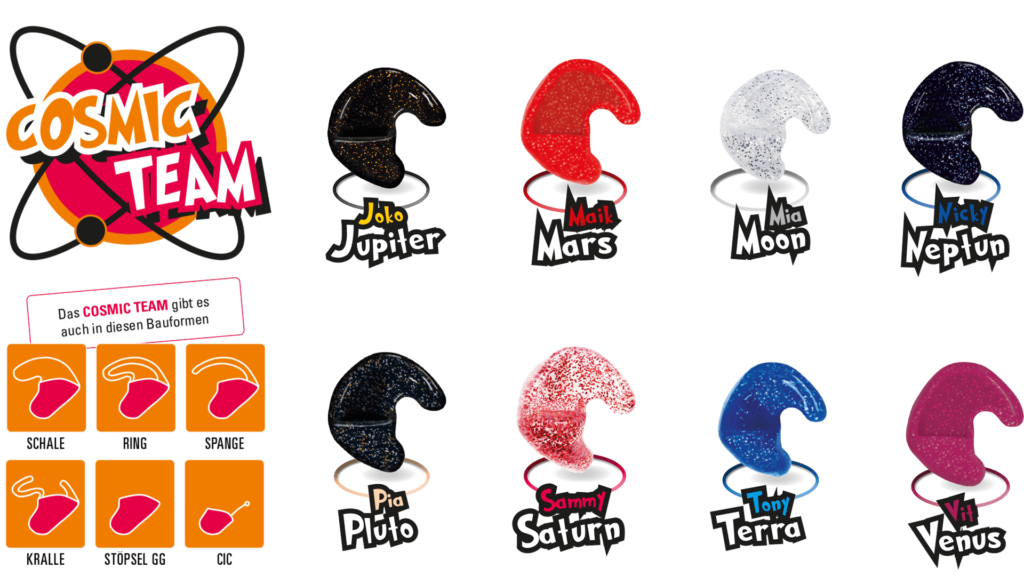 Verschiedene Otoplastiken der Serie CosmicTeam, insbesondere für Kinder