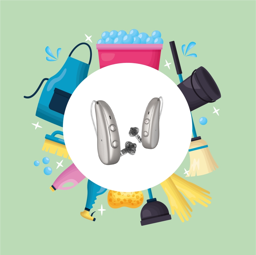 Produktaufnahme zweier Hörgeräte. Im Hintergrund befinden sich mehrere Putzutensilien, wie Besen, Putzeimer und Putzmittel.